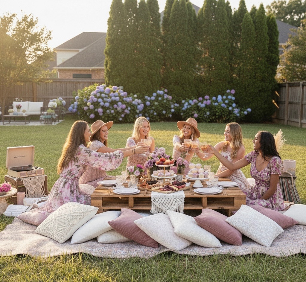 Lavender and blush glam picnic setup on the lawn