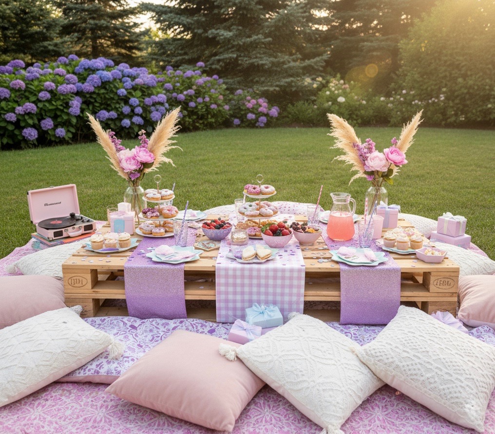 Pastel glam picnic table with flowers, treats, and pillows