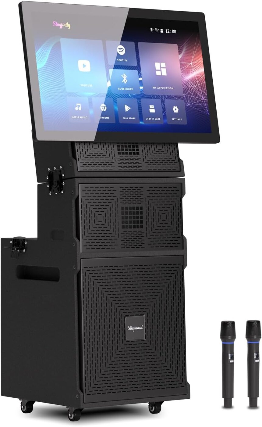 Whimsical's black touchscreen karaoke speaker system with two wireless microphones