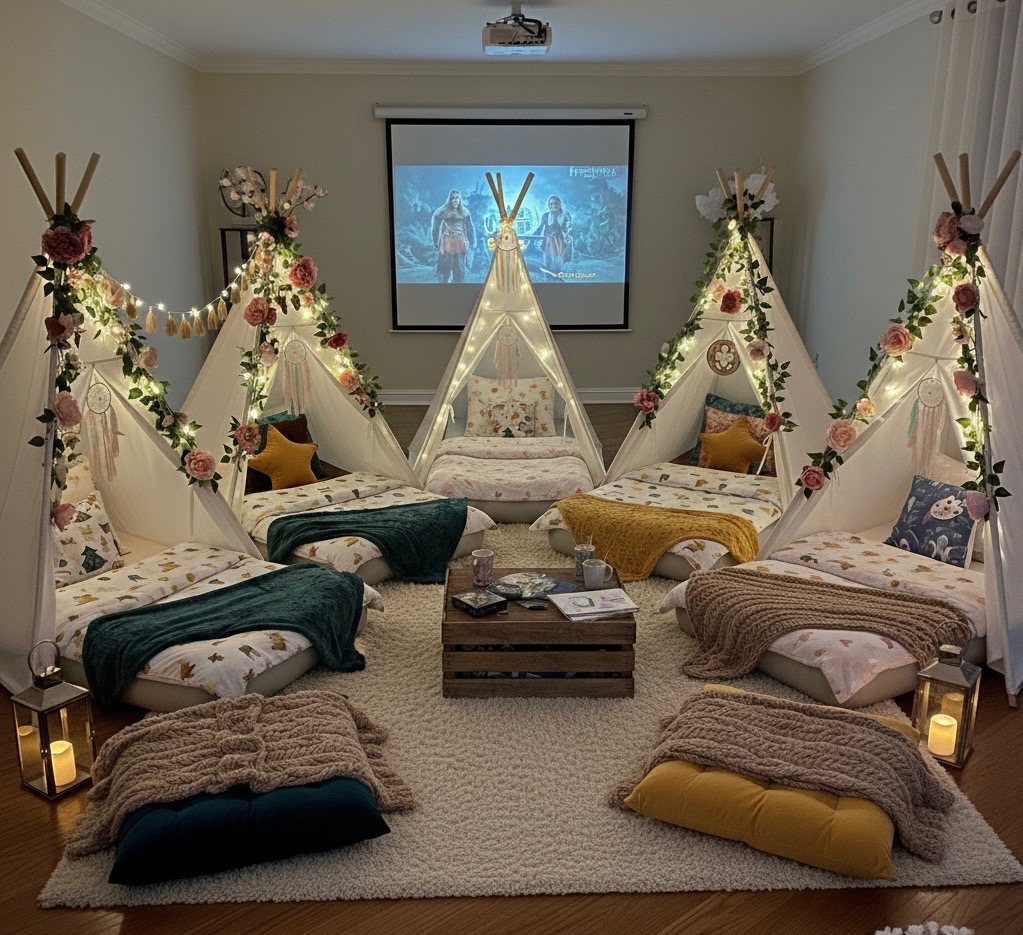 Movie night teepee setup with screen in the background.